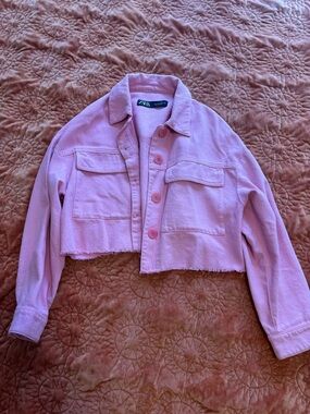 Zara Light Pink Cropped Denim Jacket